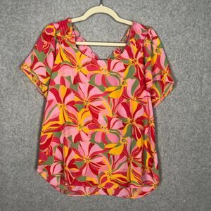 Pleione Anthropologie Shirt Womens Large Pink Blouse Floral Retro Flowy Loose